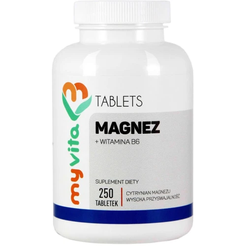  MyVita Magnez + B6, cytrynian magnezu 450 mg, 250 tabletek - Wysoko przyswajalny magnez wspiera układ nerwowy i mięśnie