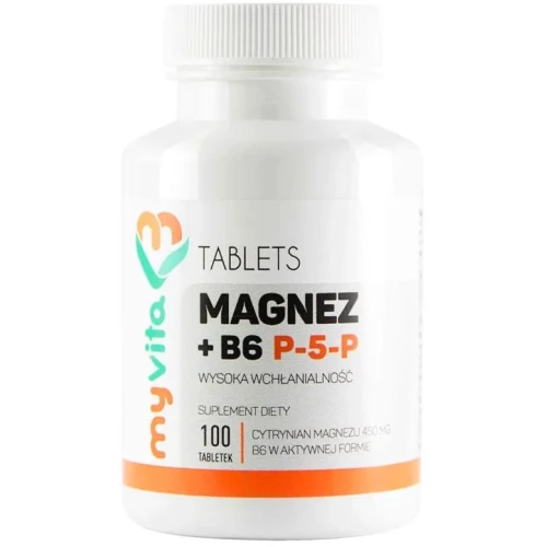 MyVita Magnez + Witamina B6 P-5-P, 100 tabletek - Cytrynian magnezu z aktywną formą witaminą B6
