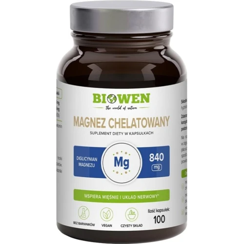 Biowen Magnez chelatowany 840 mg, 100 kapsułek - Łagodny dla układu pokarmowego, wspiera mięśnie i układ nerwowy