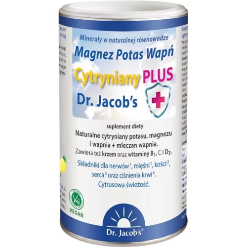 Dr. Jacob’s Magnez Potas Wapń Cytryniany Plus, smak cytrynowy, proszek 300 g - Dostarcza kluczowe minerały w wysoce przyswajalnej formie 