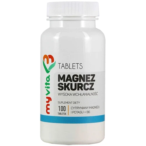 MyVita Magnez Skurcz 100 tabletek - Połączenie cytrynianu magnezu, potasu i witaminy B6