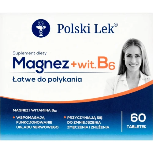 Magnez + B6, 60 tabletek, Polski Lek - Z magnezem i witaminą B6 , które pomagają w prawidłowym funkcjonowaniu mięśni oraz układu nerwowego.
