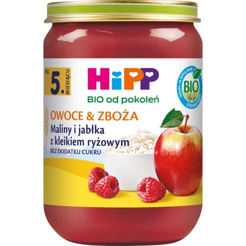 HiPP Maliny i jabłka z kleikiem ryżowym BIO, 190 g - Dla dzieci po 5. miesiącu życia