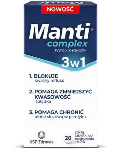 Manti Complex 3w1, 20 tabletek do żucia - Na zgagę i refluks żołądkowo-przełykowy