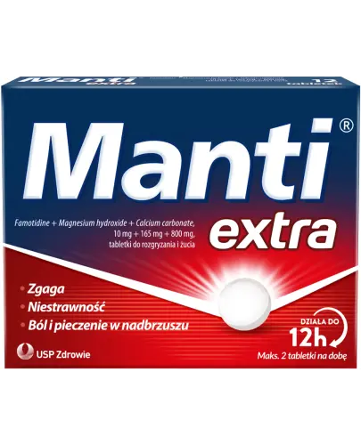 Manti Extra, 12 tabletek do rozgryzania i żucia - Które łagodzą objawy niestrawności lub nadkwaśności żołądka