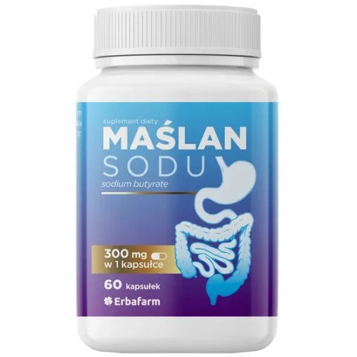 Maślan Sodu 300 mg, 60 kapsułek - Ważny  dla prawidłowego funkcjonowania i szybkiej regeneracji jelit