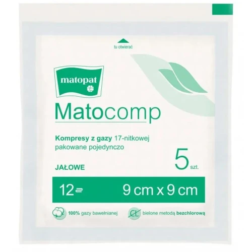 Matocomp Kompresy jałowe z gazy 17 nitkowe 12 warstwowe 9 x 9 cm, 5 sztuk - Do stosowania na świeże rany i w trakcie zabiegów