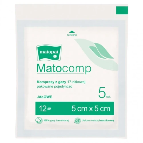 Matocomp Kompresy jałowe z gazy 17 nitkowe 12 warstwowe 5 x 5 cm, 5 sztuk - Do drobnych ran i zabiegów
