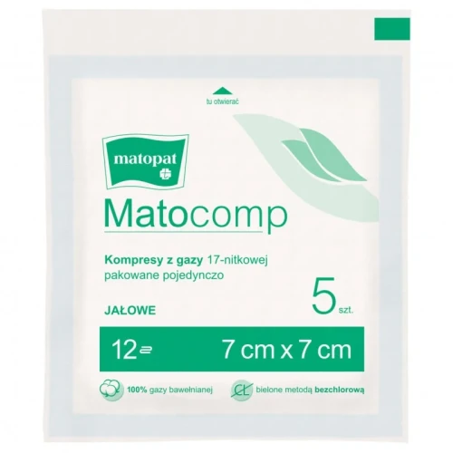 Matocomp Kompresy jałowe z gazy 17 nitkowe 12 warstwowe 7 x 7 cm, 5 sztuk - Zapewniają higienę i komfort użytkowania