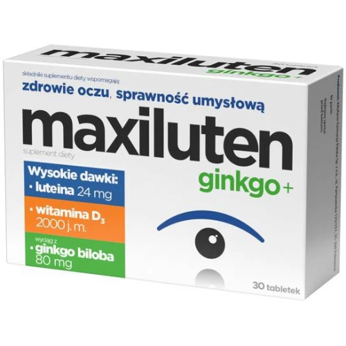 Maxiluten ginkgo+, 30 tabletek - Z luteiną, witaminą D3 oraz wyciągiem z Ginkgo Biloba, które wspierają zdrowie oczu i sprawność umysłową