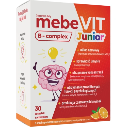 Mebevit B-Complex Junior, 30 saszetek - Z kwasem foliowym i witaminami z grupy B, które wspierają koncentrację u dzieci od 3. roku życia