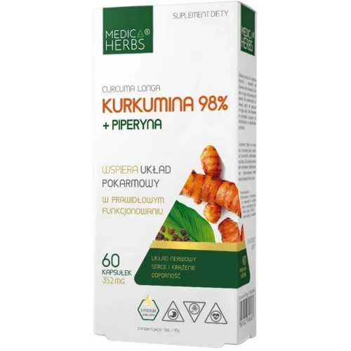 Medica Herbs Kurkumina 98% + Piperyna, 60 kapsułek - Wsparcie trawienia i odporności