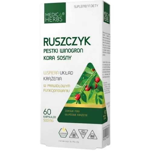 Medica Herbs Ruszczyk Pestki winogron Kora sosny, 60 kapsułek - Wsparcie krążenia i lekkości nóg