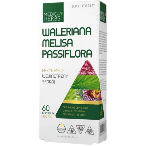 Medica Herbs Waleriana, Melisa, Passiflora, 60 kapsułek - Wsparcie odprężenia i spokojnego snu
