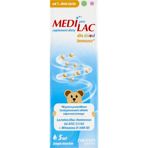 Nexon Pharma Mediprolac Immuno dla dzieci od 1 dnia życia, krople 5 ml - Połączenie dobrych bakterii i witaminy D wspiera odporność