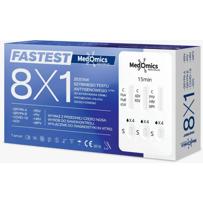 Medomics Fastest Test do samokontroli 8w1, 1 sztuka - Do wykrywania COVID-19, grypy A i B, RSV oraz innych infekcji dróg oddechowych
