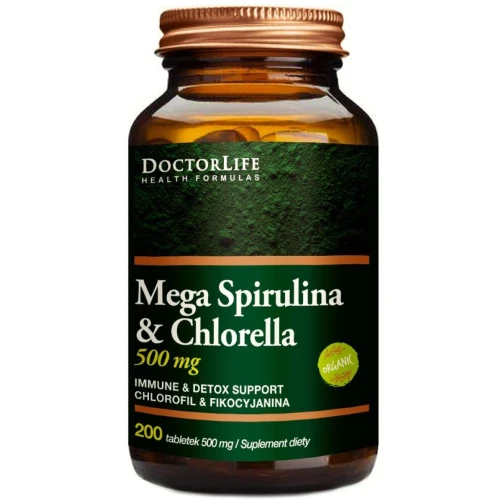 Doctor Life Mega Spirulina & Chlorella 500 mg, 200 tabletek - Naturalny kompleks alg słodkowodnych wspierający detoksykację