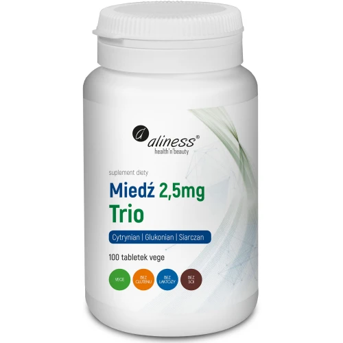 Aliness Miedź Trio 2,5 mg, 100 tabletek - Połączenie trzech wysoko przyswajalnych form miedzi