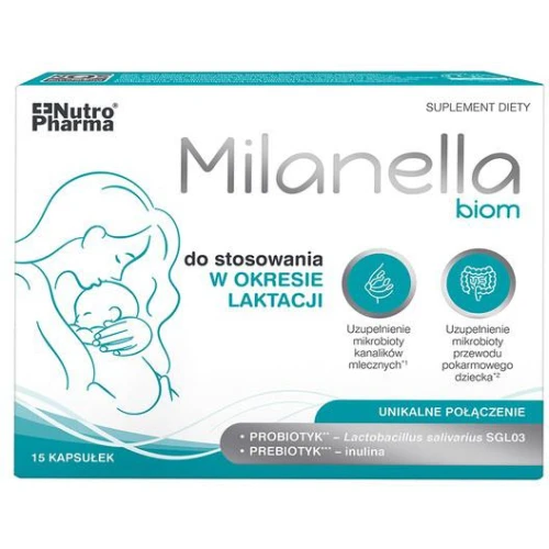 Milanella Biom, 15 kapsułek - Probiotyk i prebiotyk, dla kobiet karmiących piersią, wsparcie laktacji