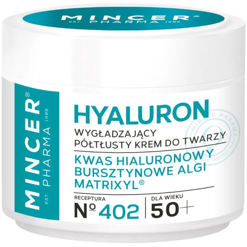 Mincer Pharma  Hyaluron 50+ N°402 Wygładzający krem półtłusty do twarzy, 50 ml - Z kwasem hialuronowym, Matrixyl® i filtrami UVA/UVB