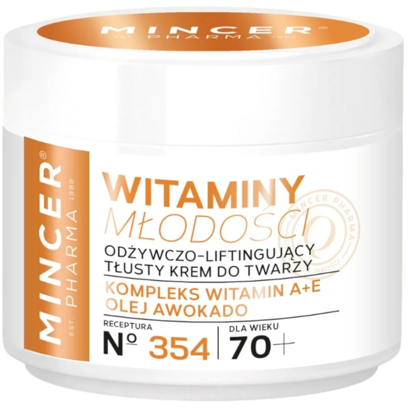 Mincer Pharma Witaminy Młodości 70+ N°354 Odżywczo-liftingujący krem tłusty do twarzy, 50 ml - Z olejem z awokado i witaminami A+E