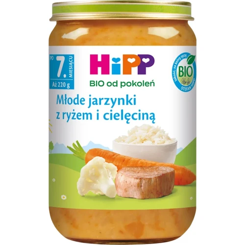 HiPP Młode jarzynki z ryżem i cielęciną BIO, 220 g - Dla niemowląt po 7. miesiącu