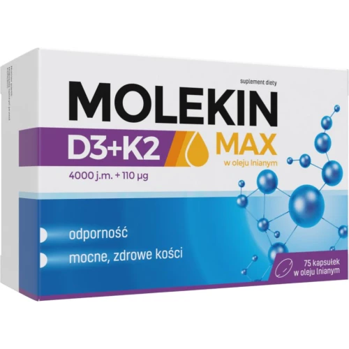 Molekin Max D3 + K2 w oleju lnianym, 75 kapsułek - Witamina D3 wraz z witaminą K pomagają w utrzymaniu zdrowia kości