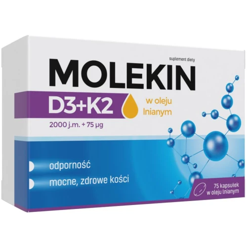 Molekin D3 + K2 w oleju lnianym, 75 kapsułek - Wspierają utrzymanie zdrowia kości i zębów