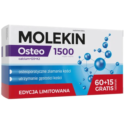 Molekin Osteo, tabletki 60 sztuk +15 gratis - Tabletki z wapniem, witaminę D3 oraz witaminę K2, które wspomagają utrzymanie gęstości kości