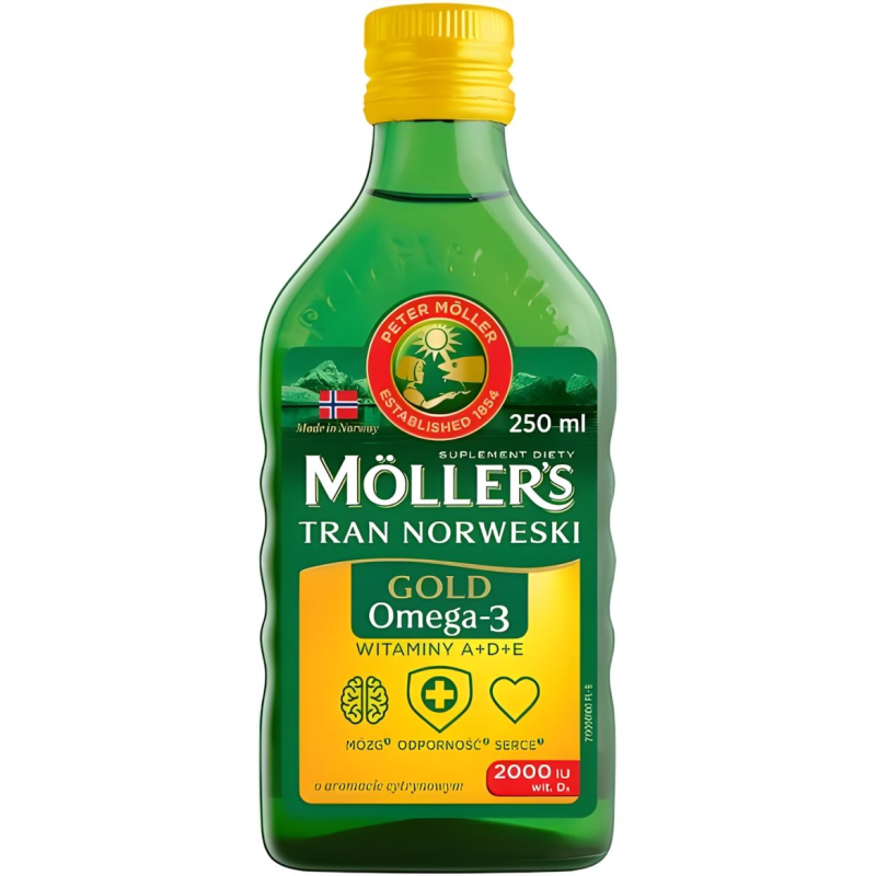 Moller's Gold Tran Norweski, cytrynowy, 250 ml  - Olej rybi z kwasami Omega-3 i witaminami, dla dorosłych