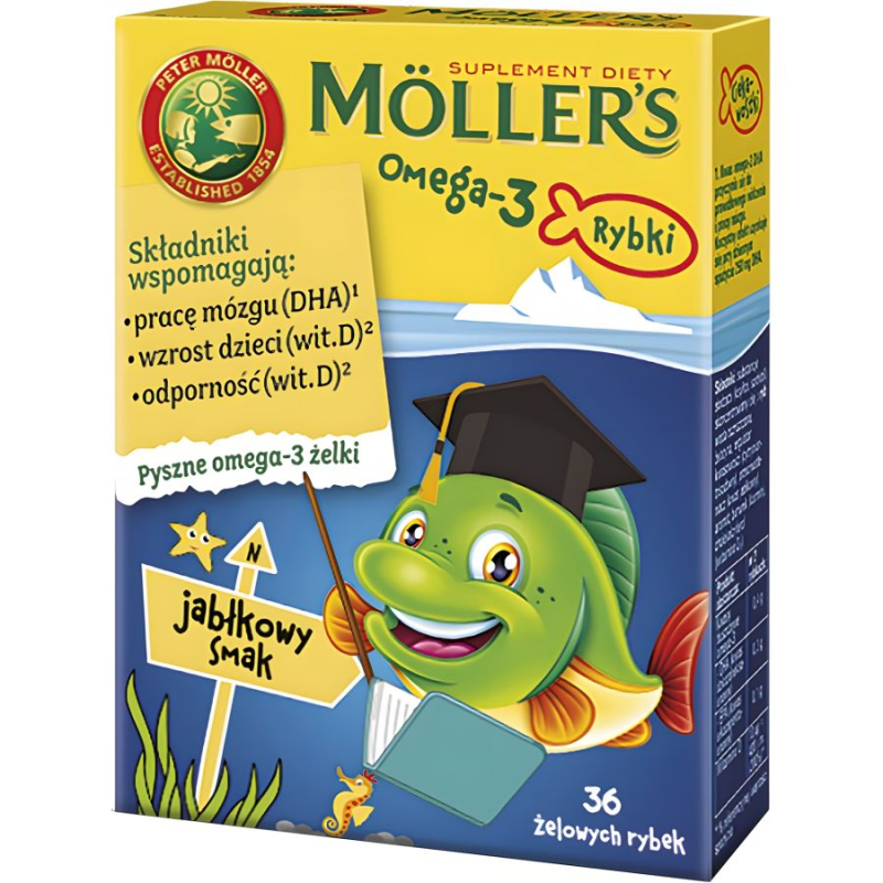 Moller's Omega-3 Rybki,  jabłkowy smak, 36 sztuk - Żelki z witaminą D oraz kwasami Omega-3 i DHA dla dorosłych i dla dzieci powyżej 3 roku życia