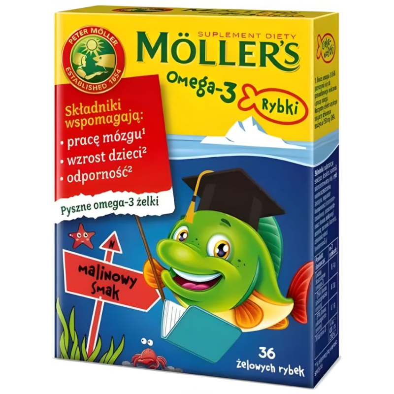 Moller's Omega 3 Rybki, malinowy smak, 36 sztuk - Żelki z witaminą D oraz kwasami Omega-3 dla dorosłych i dla dzieci powyżej 3 roku życia