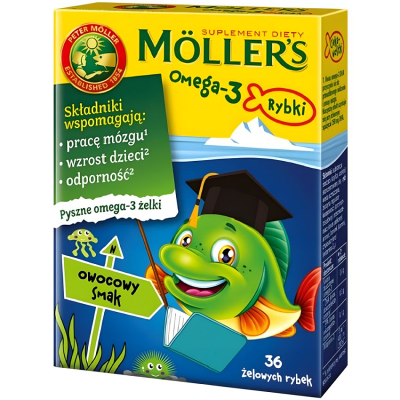 Moller's Omega 3 Rybki, owocowy smak, 36 sztuk - Żelki z witaminą D oraz kwasami Omega-3 dla dorosłych i dla dzieci powyżej 3 roku życia