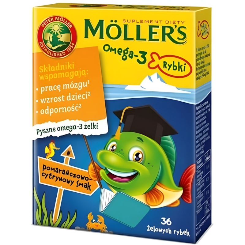 Moller's Omega 3 Rybki, pomarańczowo-cytrynowy smak,  36 sztuk - Żelki z witaminą D i kwasami Omega-3 i DHA dla dorosłych i dzieci powyżej 3. roku życia