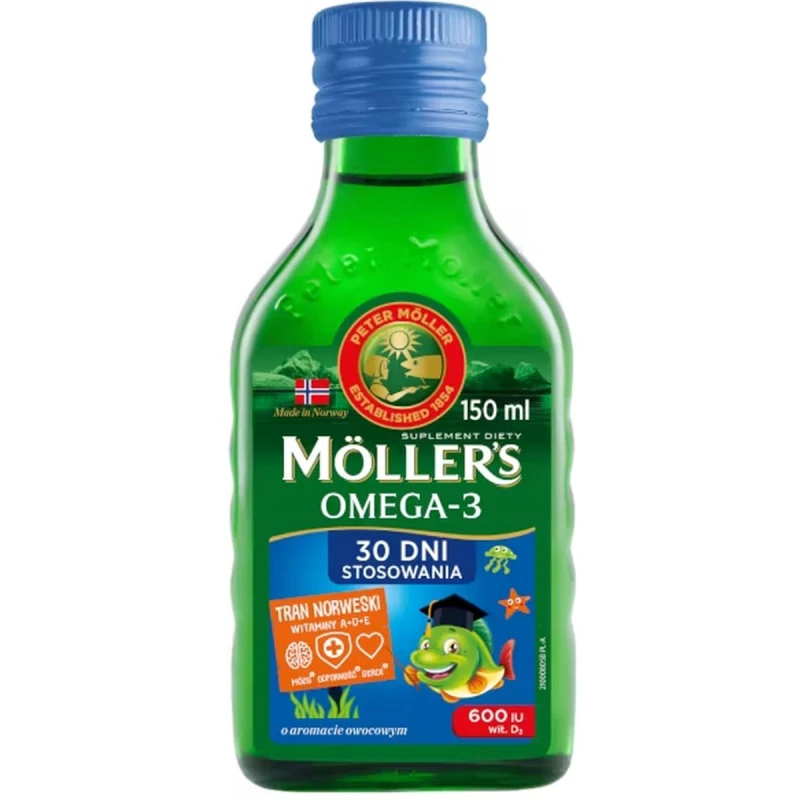 Moller's Omega-3 Tran Norweski, owocowy, 150 ml - Kwasy omega-3 i witaminy D3, A, E w płynie