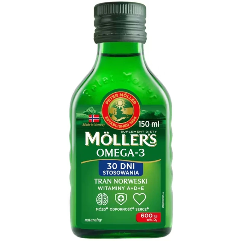 Moller's Omega 3 Tran Norweski, naturalny, 150 ml - Olej z wątroby dorsza omega-3 dla dzieci i dorosłych