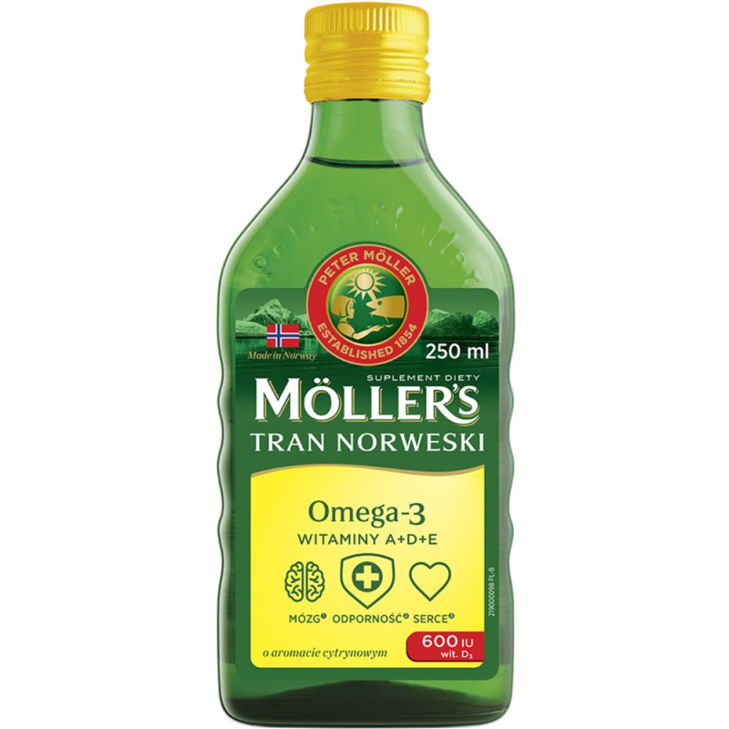 Moller's Tran Norweski, cytrynowy, 250 ml - Olej rybi z kwasami Omega-3 i witaminami, dla dorosłych i dzieci powyżej 3. roku życia