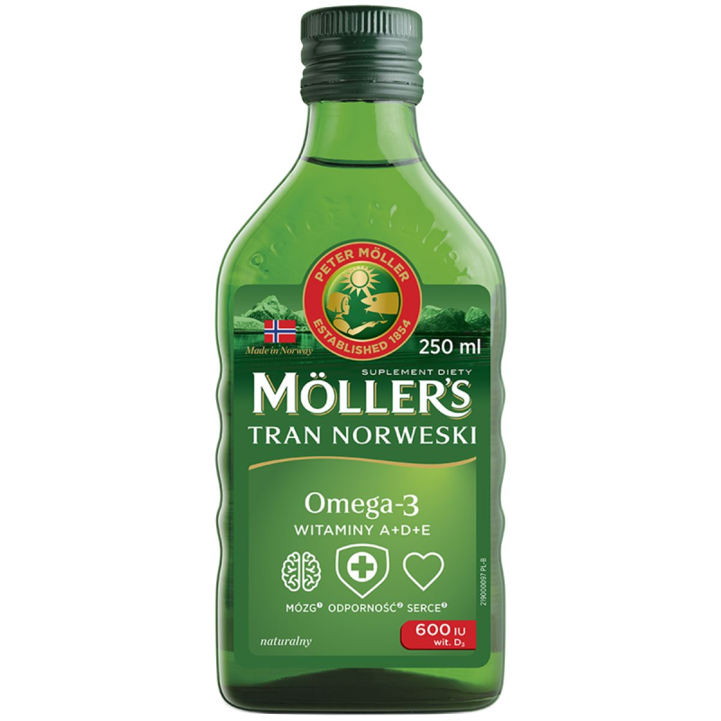 Moller's Tran Norweski, naturalny smak, 250 ml - Olej rybi z kwasami Omega-3 i witaminami. Dla dorosłych i dzieci powyżej 3. roku życia