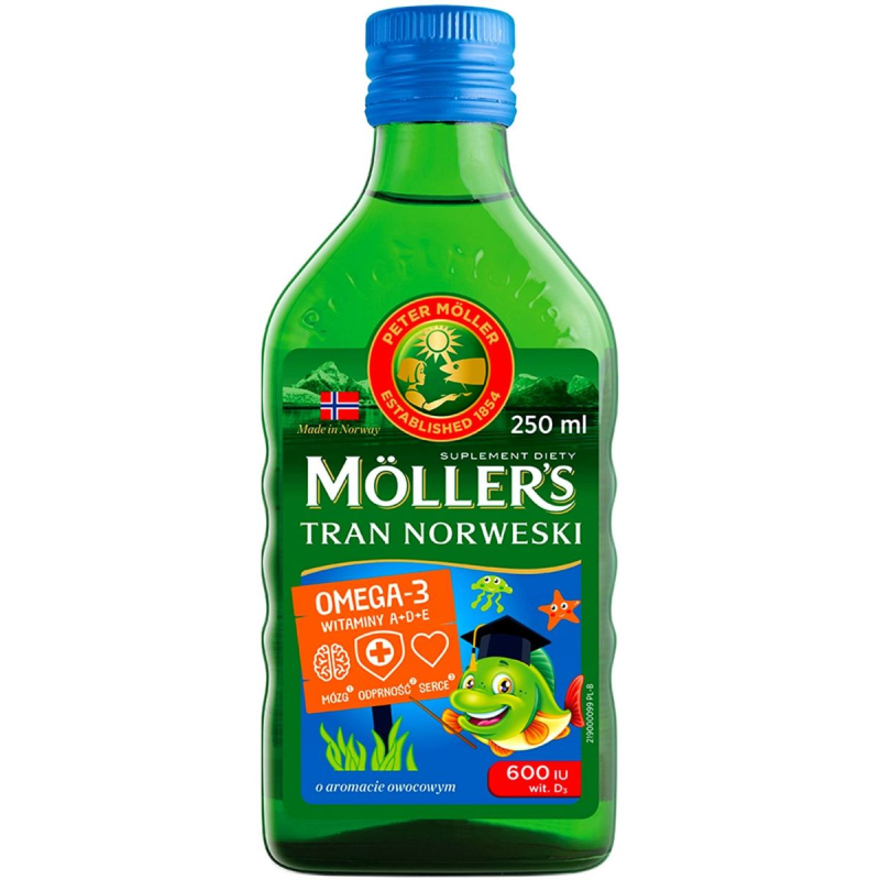 Moller's Tran Norweski, owocowy, 250 ml - Olej rybi z kwasami Omega-3 i witaminami. Dla dorosłych i dzieci powyżej 3. roku życia