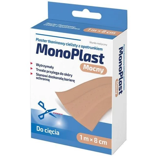MonoPlast Mocny Plaster tkaninowy cielisty z opatrunkiem 1 m x 8 cm, 1 sztuka - Nie odklejaja się pod wpływem wilgoci