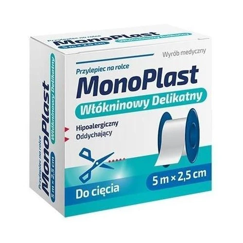 MonoPlast Włókninowy delikatny przylepiec na rolce 5 m x 2,5 cm, 1 sztuka - Do mocowania opatrunków i zabezpieczania drobnych ran