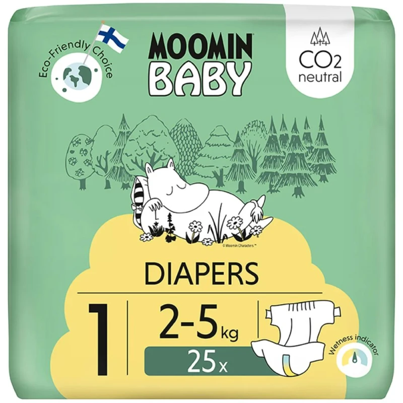Moomin Baby 1 Newborn 2-5 kg Eko pieluszki, 25 sztuk - Nieperfumowane i niebielone chlorem