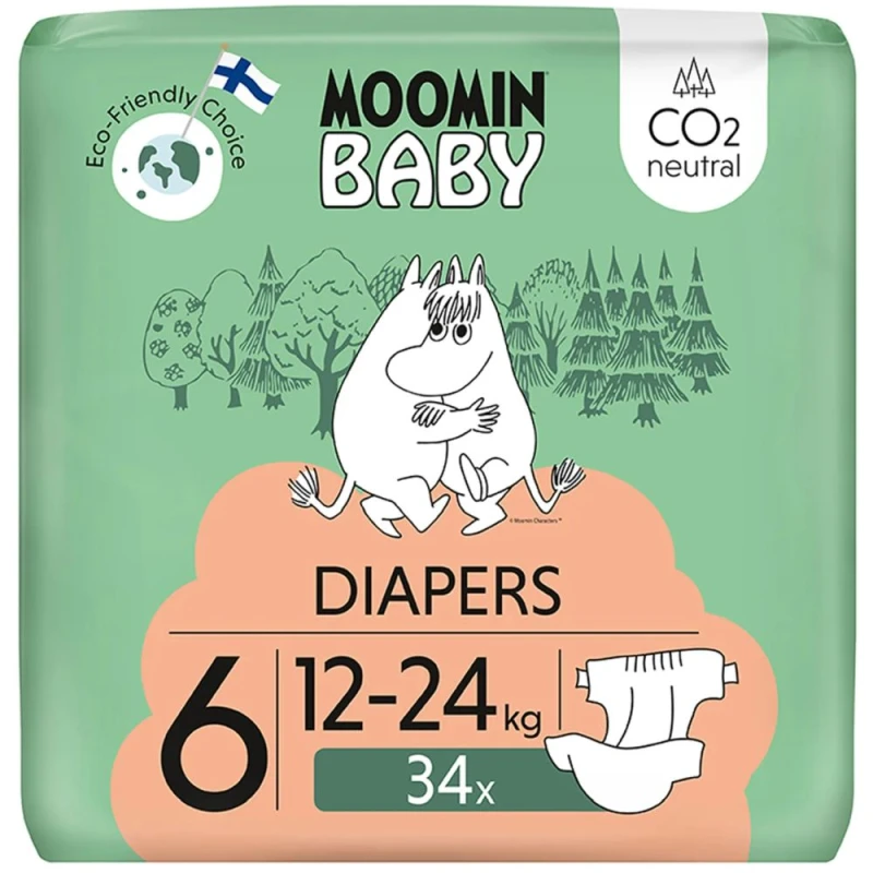Moomin Baby 6 Maxi 12-24 kg Eko Pieluszki, 34 sztuki - Miękkie, delikatne i superchłonne