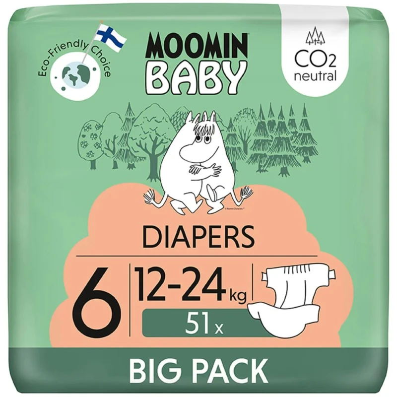Moomin Baby 6 Maxi 12-24 kg Eko Pieluszki, 51 sztuk - Superchłonne, miękkie i delikatne dla skóry dziecka