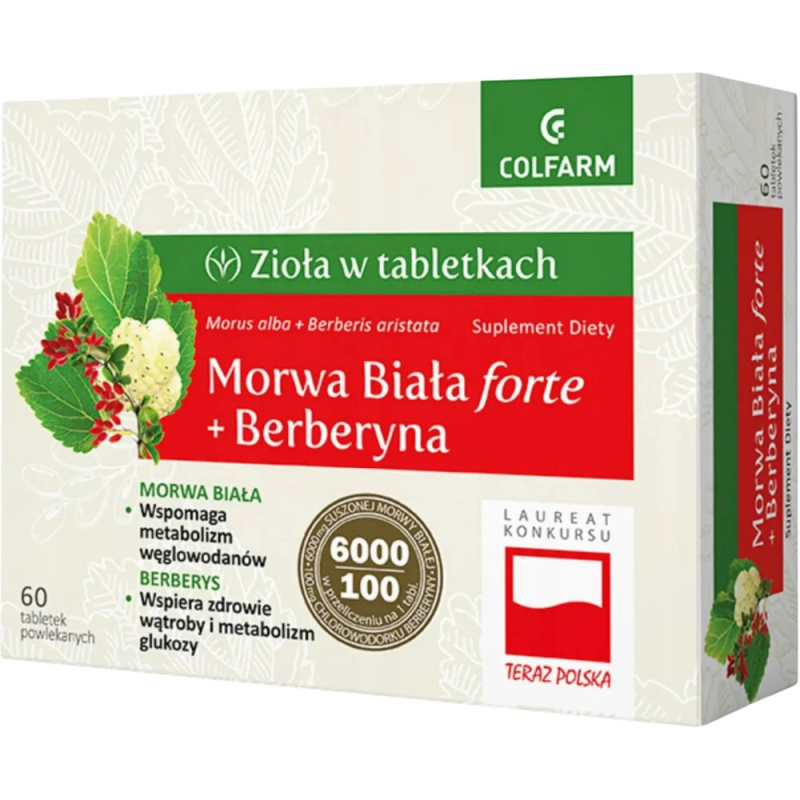 Colfarm Morwa Biała Forte + Berberyna, 60 tabletek powlekanych  - Suplement diety z wyciągiem z liści morwy białej oraz wyciągiem z korzenia berberysu