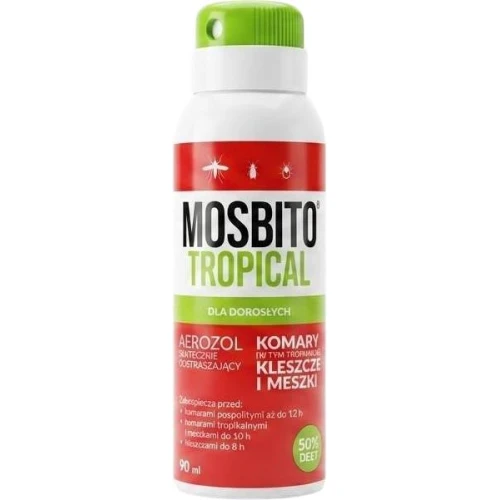 Mosbito Tropical na komary, kleszcze i meszki, spray 90 ml - Aerozol dla dorosłych, ochrona 50% DEET