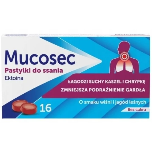 Mucosec o smaku wiśni i jagód leśnych, 16 pastylek do ssania - Nawilżające pastylki z ektoiną na suchość i chrypkę