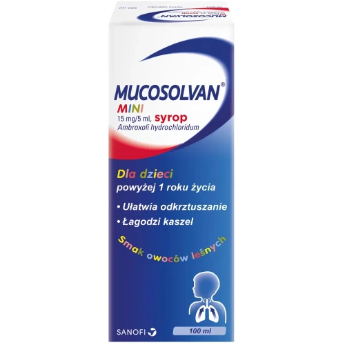 Mucosolvan Mini 15mg/5ml, syrop, 100 ml - Z ambroksolem, ułatwia odkrztuszanie i łagodzi kaszel