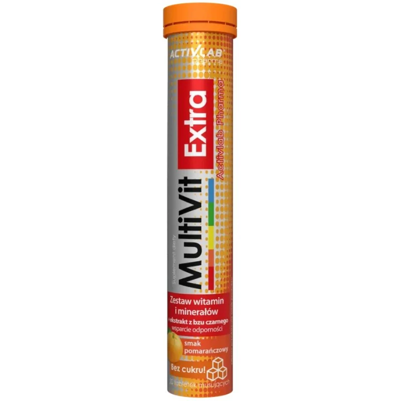 MultiVit Extra Pomarańcza, 20 tabletek musujących - Kompleks witamin i minerałów z dodatkiem czarnego bzu