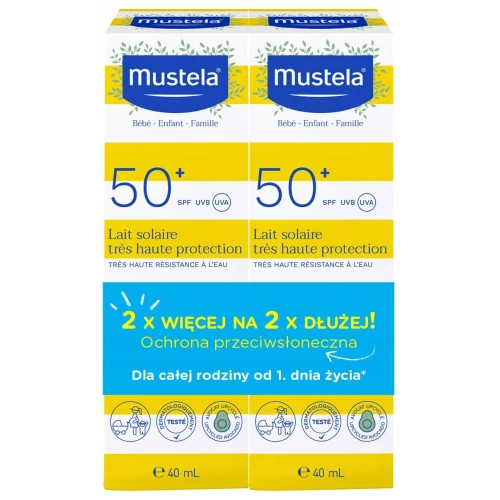 Mustela Sun Mleczko przeciwsłoneczne SPF 50+, 2 x 40 ml - Nawilża, wzmacnia barierę skóry i pozostawia ją miękką